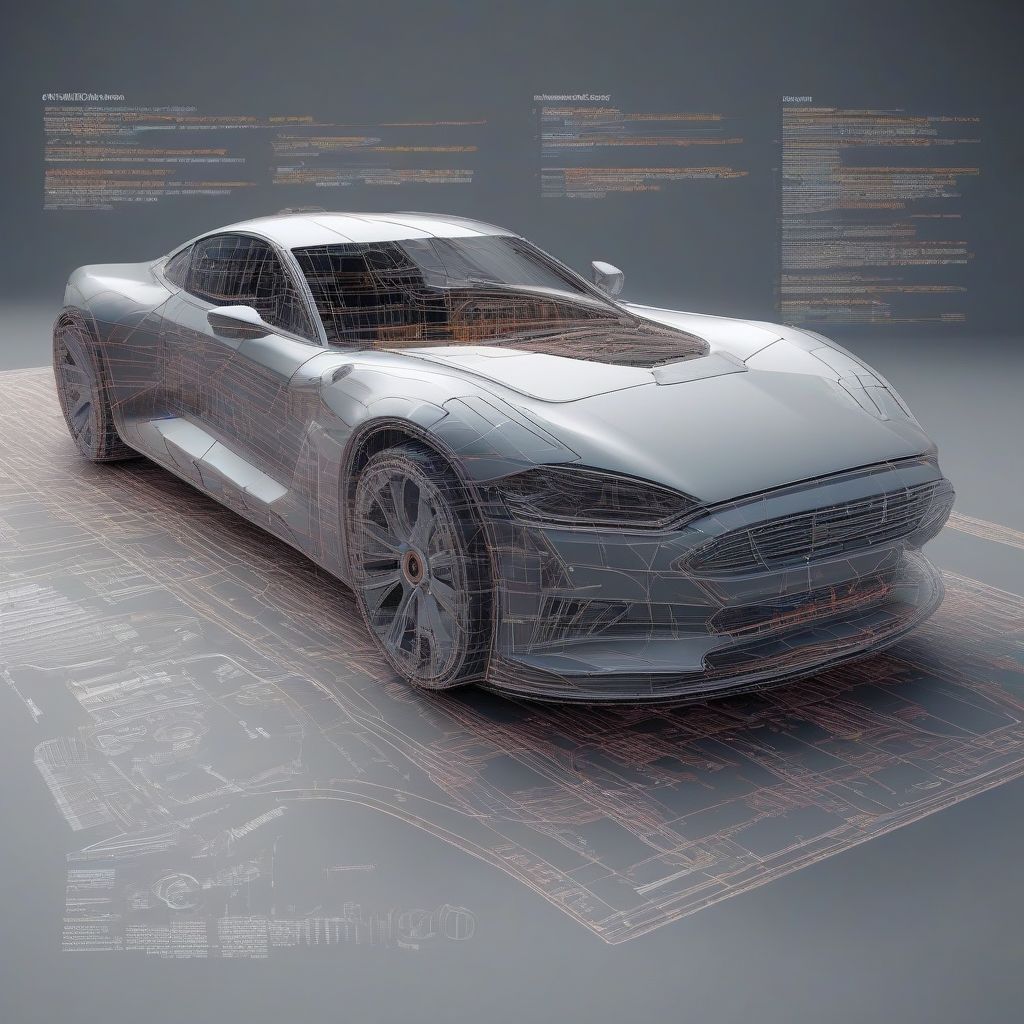 A split screen showing a 3D model of a car and lines of code