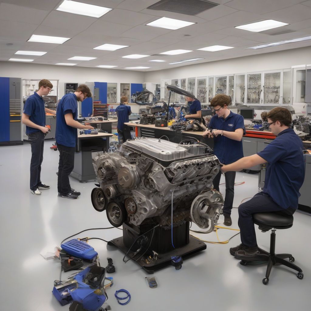 Students working on a car engine in a modern automotive engineering lab