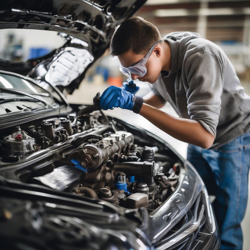 A student in an automotive mechanic college diligently works on a car engine, using specialized tools.